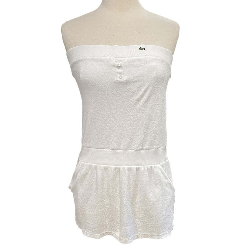Lacoste White Strapless Terry Mini Dress with Button Placket
